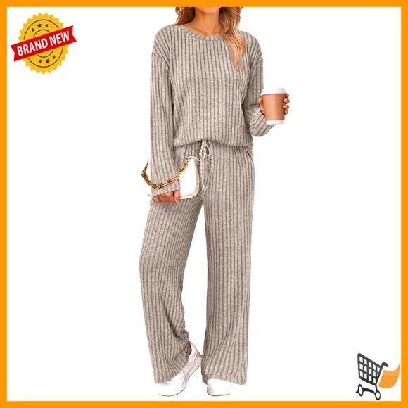 Ribbed Knit Lounge Set Long Sleeve Casual Sweatsuit Fall Fashion Matching